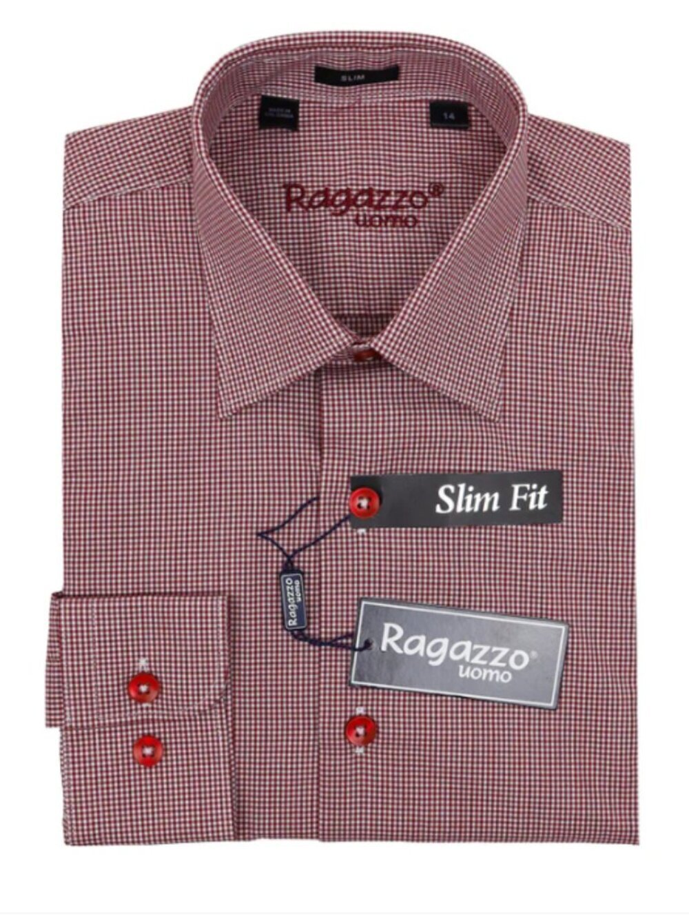 Ragazzo 34913 Boy's Long Sleeve Sport Shirt - Check - Wine